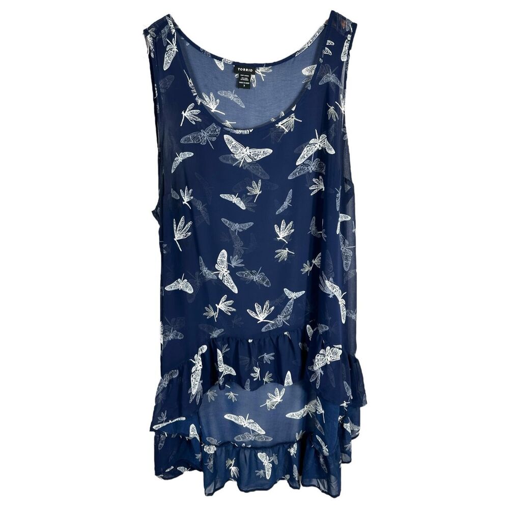 Torrid Plus Size 3X Tank Top Navy Blue Dragonfly Print Ruffle High‎ Low 1562 - Picture 2 of 10